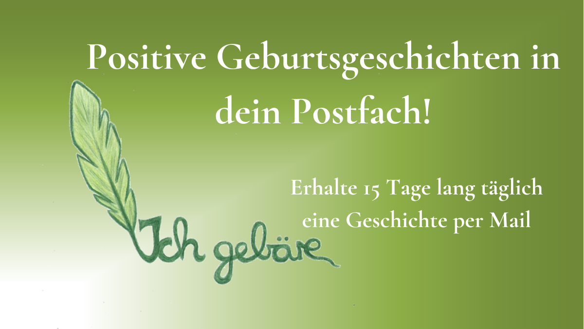Logo von Ich Gebäre und Titel der Seite: Positive Geburtsgeschichten in dein Postfach. Erhalte 15 Tage lang täglich eine Geburtsgeschichte per Mail.